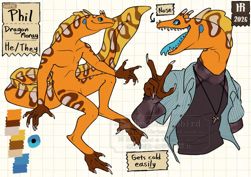 Digitally drawn character reference sheet of an anthro dragon moray eel man with an orange, brown and light blue color scheme.