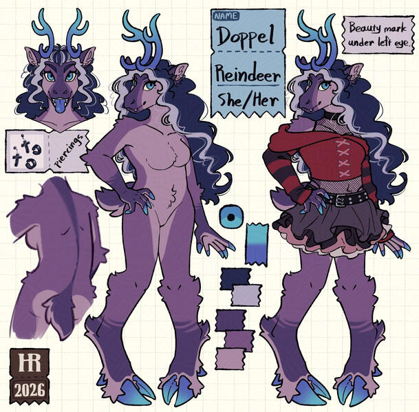 Digitally drawn character reference sheet of an anthro reindeer lady with a purple and dark blue color scheme and long curly hair.