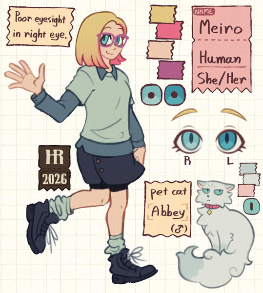 Digitally drawn character reference sheet of a human lady with a white skin tone, blonde bob cut partially dyed pink, and glasses.