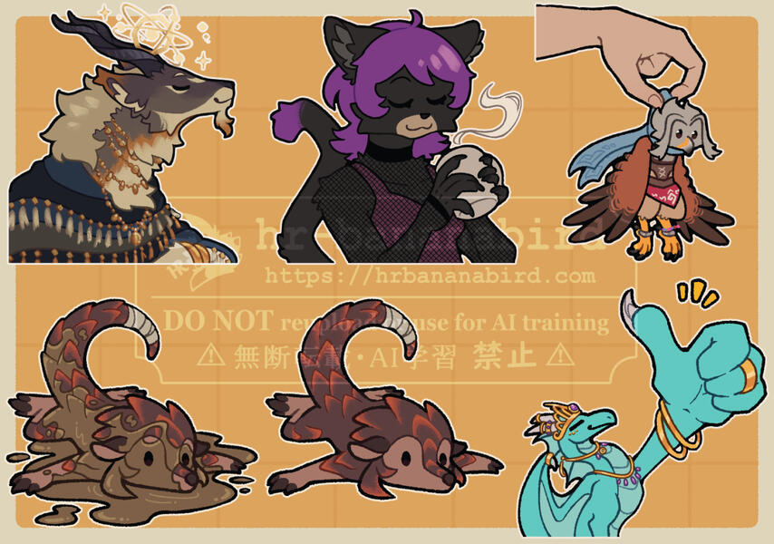 Digitally drawn Telegram stickers of anthro animal characters, including a black cat, a kestrel, and a pangolin.