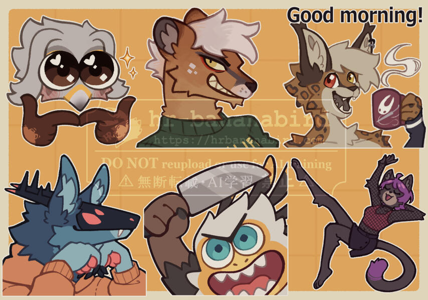 Digitally drawn Telegram stickers of anthro animal characters, including a cougar, a secretary bird inspired raptor, and a black cat.