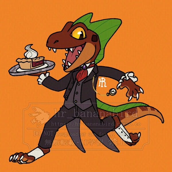 Digital art of a chibi anthro basilisk/kobold hybrid man with brown scales, yellow eyes and green fins on his head and tail. He is running with a slice of cherry pie placed on a silver platter in his right hand, while wearing a butler outfit.
