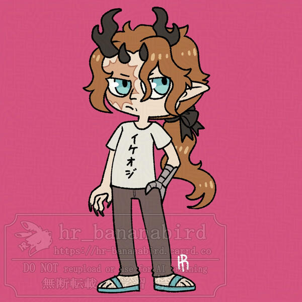 Digital art of a chibi humanoid man with two pairs of horns, pointed ears, a burn scar over his right eye and a prosthetic metal left hand. He has his hand on his hip, and is wearing a white T-shirt with Japanese on it.