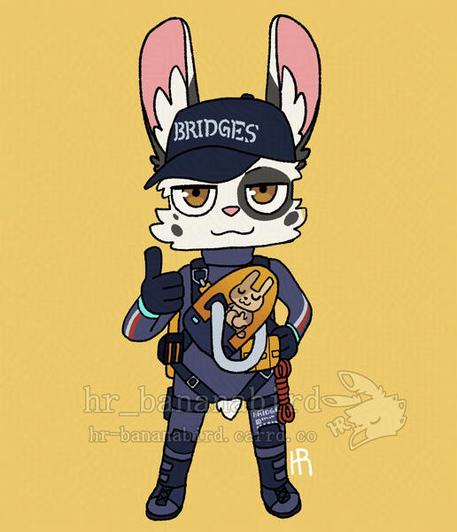 Digital art of a chibi anthro rabbit with black spots on white fur, looking towards the viewer with a thumbs up. They are wearing gear from the game Death Stranding, including the baby pod with an anthro baby rabbit inside doing a thumbs up as well.