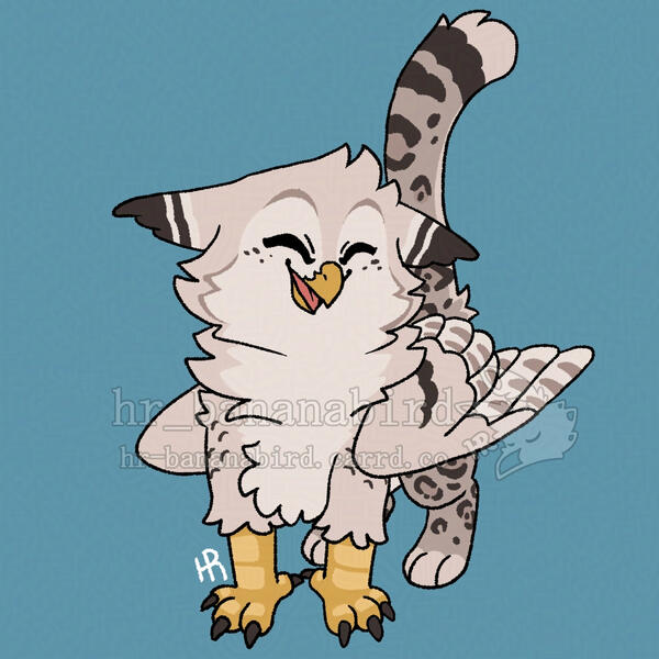 Digital art of a chibi snowy owl/snow leopard gryphon. They're covered in white and gray feathers/fur and have leopard spots covering their lower body. They're smiling with their eyes closed and have their snow leopard tail held high up in the air.