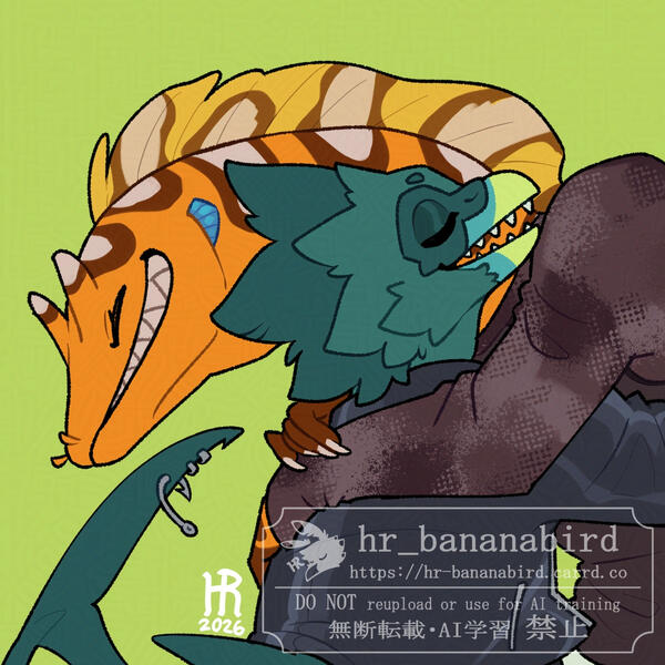 commission 2026-05-28 Digital art of an anthro dragon moray eel dude tightly hugging an anthro rooster/shark hybrid character. They both have a huge smile on their face.