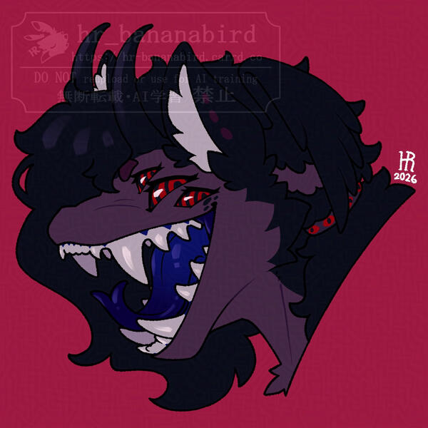 Digital art of an anthro character with curved horns, wings behind their ears, and three pairs of eyes. They are facing towards the left with a big sly grin, showing off their big fangs and forked tongue.