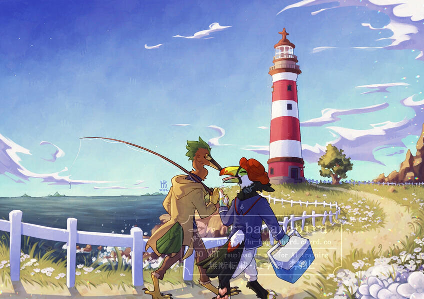Digital art of an anthro green heron man and an anthro toucan man out on a fishing trip. They're walking on a cliffside path with white flowers near the ocean, towards a striped red and white lighthouse on a bright and sunny day.