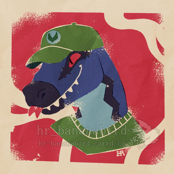commission 2024-12-29 Digital art in a vintage risograph style of a blue anthro raptor with a black zigzag marking on the neck. They're wearing a green shirt and cap, smiling with their forked tongue out.
