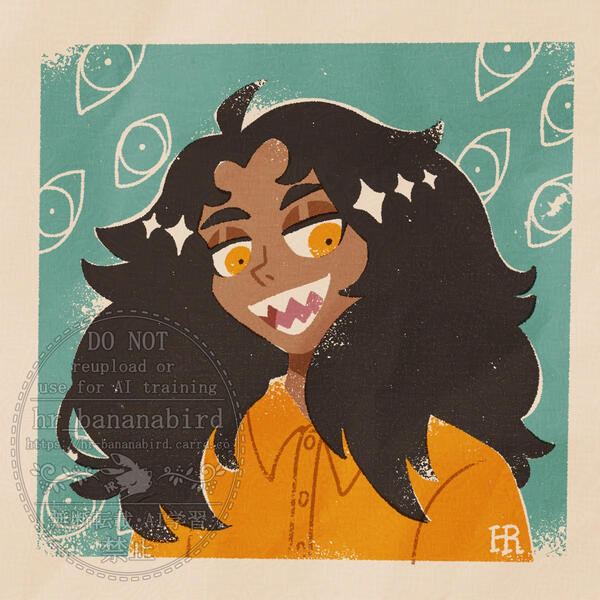 personal art 2024-12-23 Digital art in a vintage risograph style of a headshot of a man with a brown skin tone, orange eyes and long wavy black hair, smiling towards the viewer. He is wearing an orange button-up.