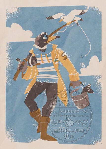 Digital art in a vintage risograph style of an anthro Ringed Plover wearing a yellow raincoat over a striped hoodie. He is holding a fishing rod over his shoulder and holding a bucket filled with fish and water.