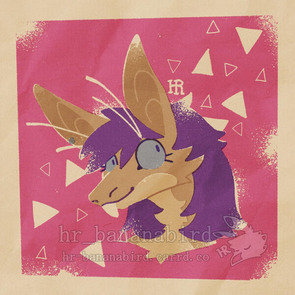 Digital art in a vintage risograph style of a headshot of a yinglet which are a species similar to a rat and raptor hybrid. She has beige fur, purple hair, and big round blue eyes.