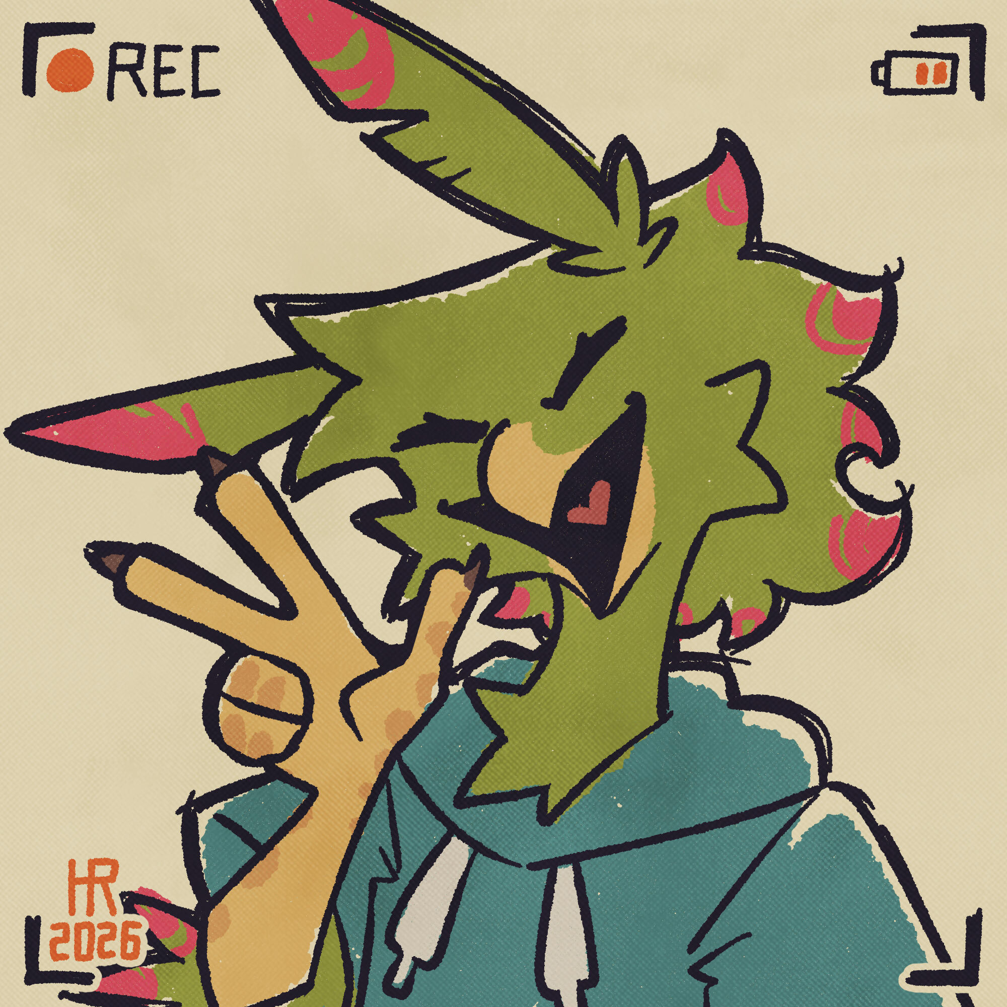 Digital art of an anthro bird with green and pink colored feathers, and long ear-like feathers on their head. They're smiling towards the viewer and doing a V-sign with their hand.